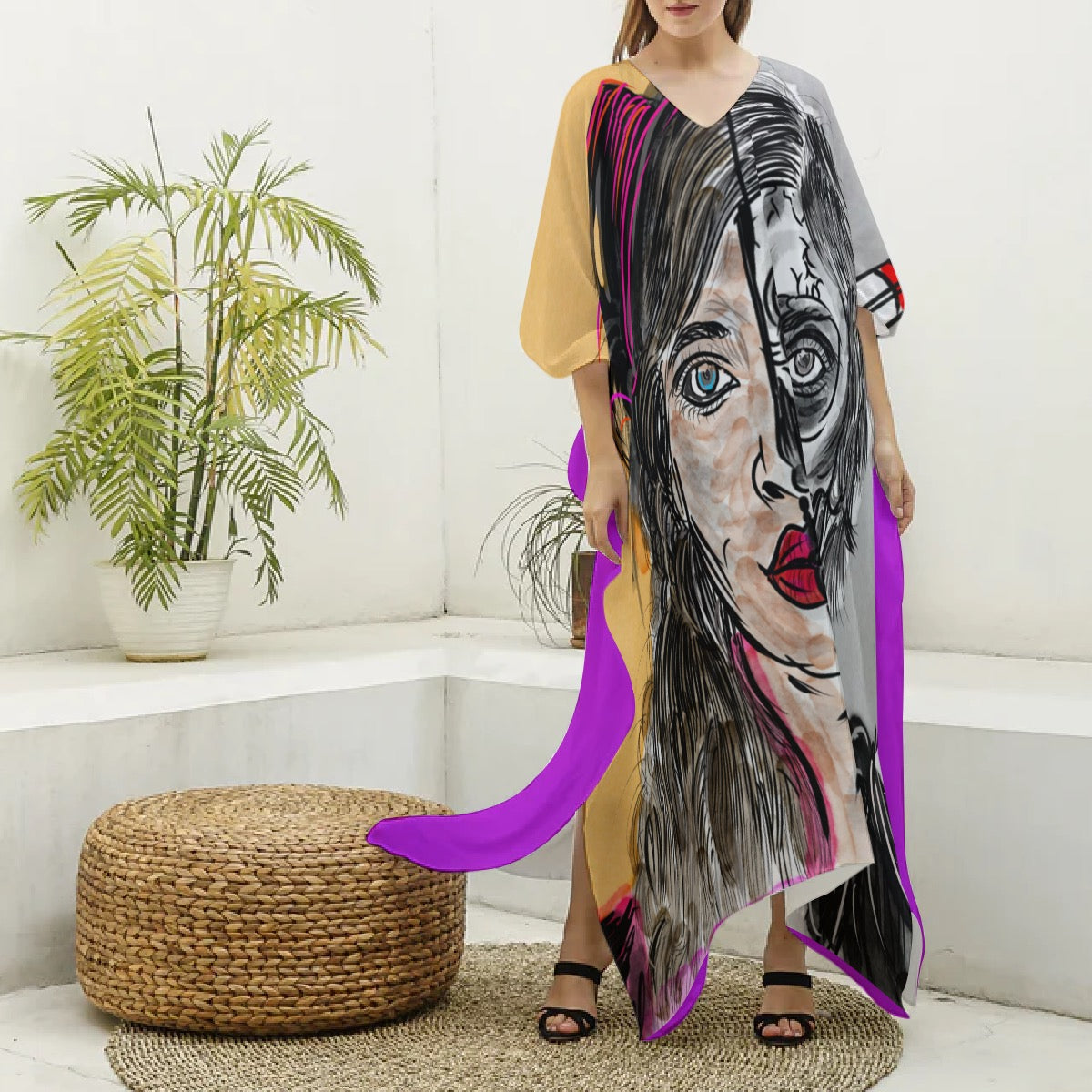 All-Over Print Women's Imitation Silk V-neck Kaftan Robe