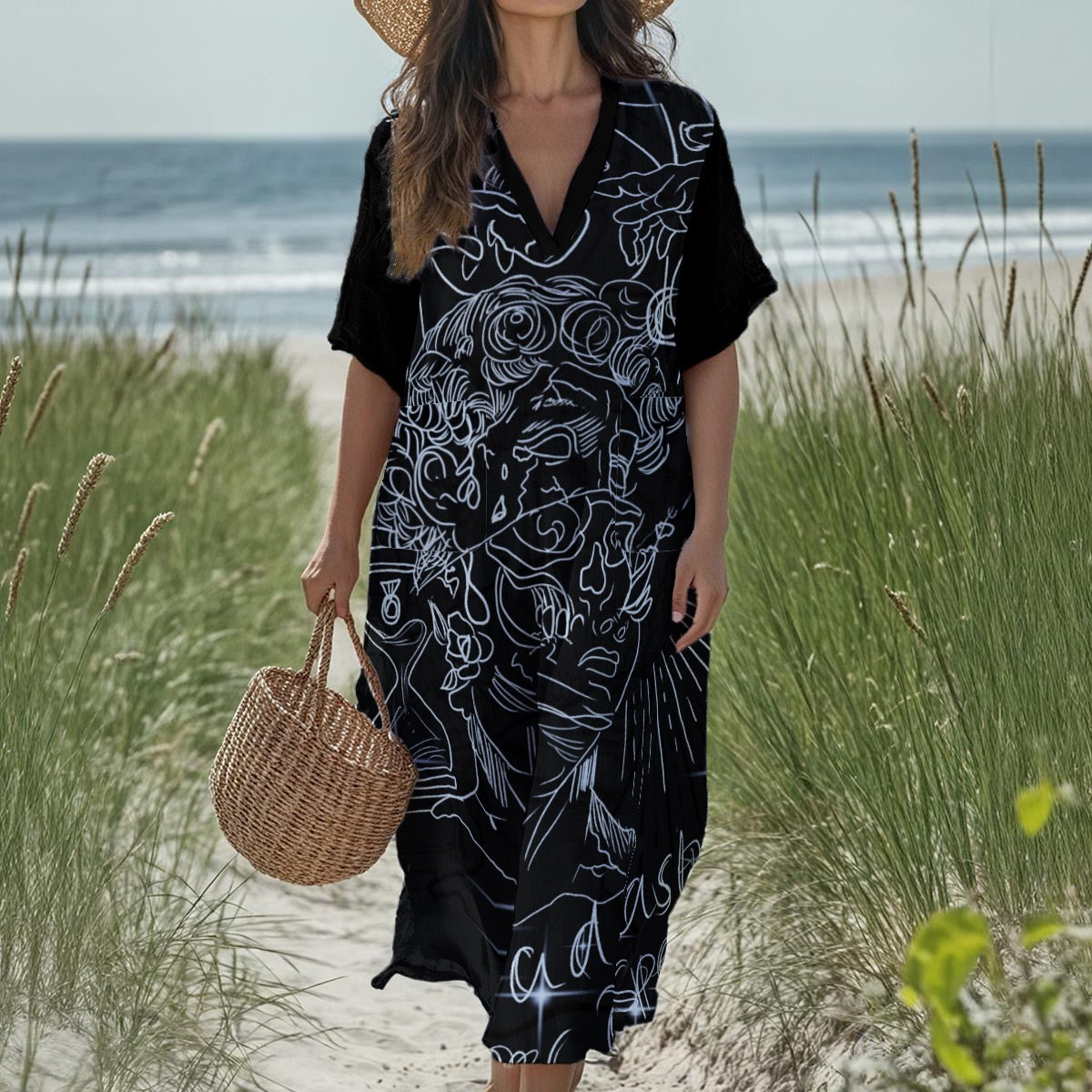 All-Over Print Women's Loose V-Neck Summer Dress