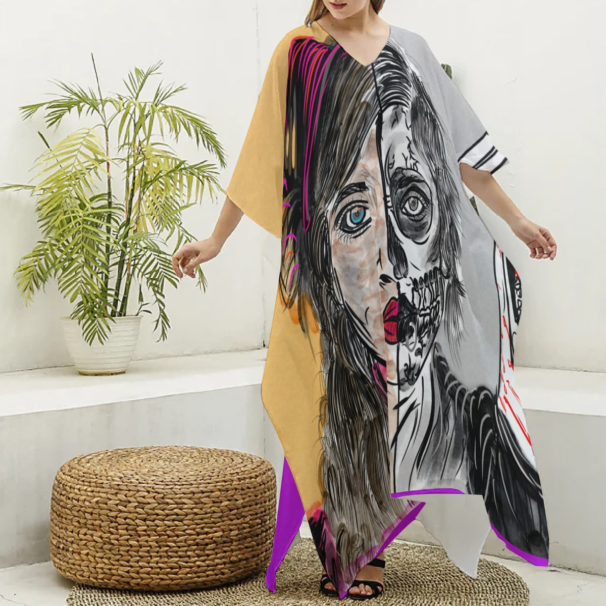 All-Over Print Women's Imitation Silk V-neck Kaftan Robe