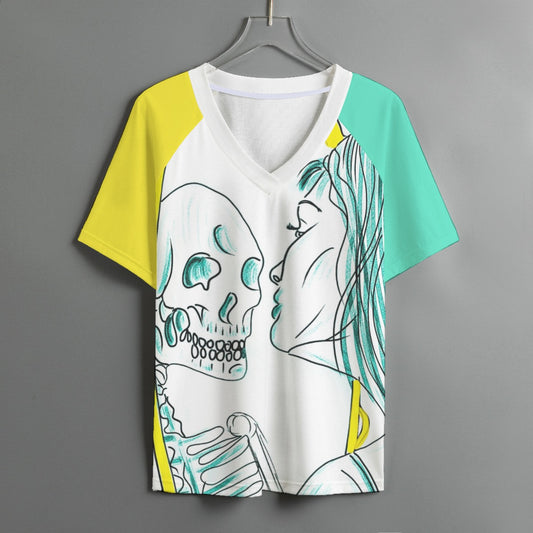 All-Over Print Women's V-neck T-shirt With Short Sleeve